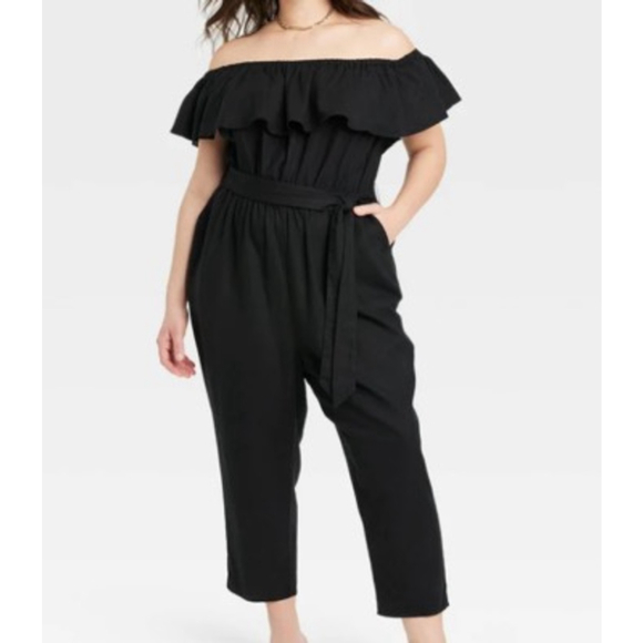 Ava & Viv Black Off-Shoulder Ruffle Jumpsuit Plus Size 3X W Pockets Linen - Picture 1 of 2